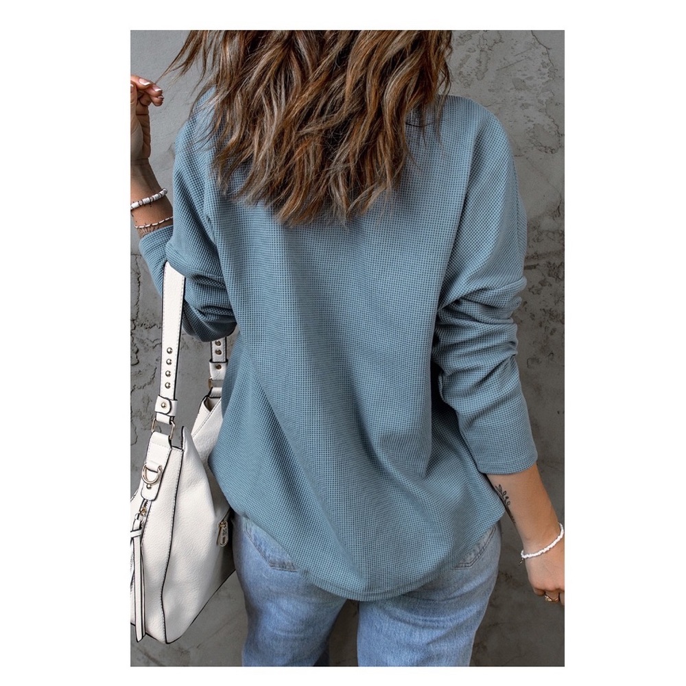 Sky Blue Waffle-Knit Shacket with Pockets - Picture 4 of 4